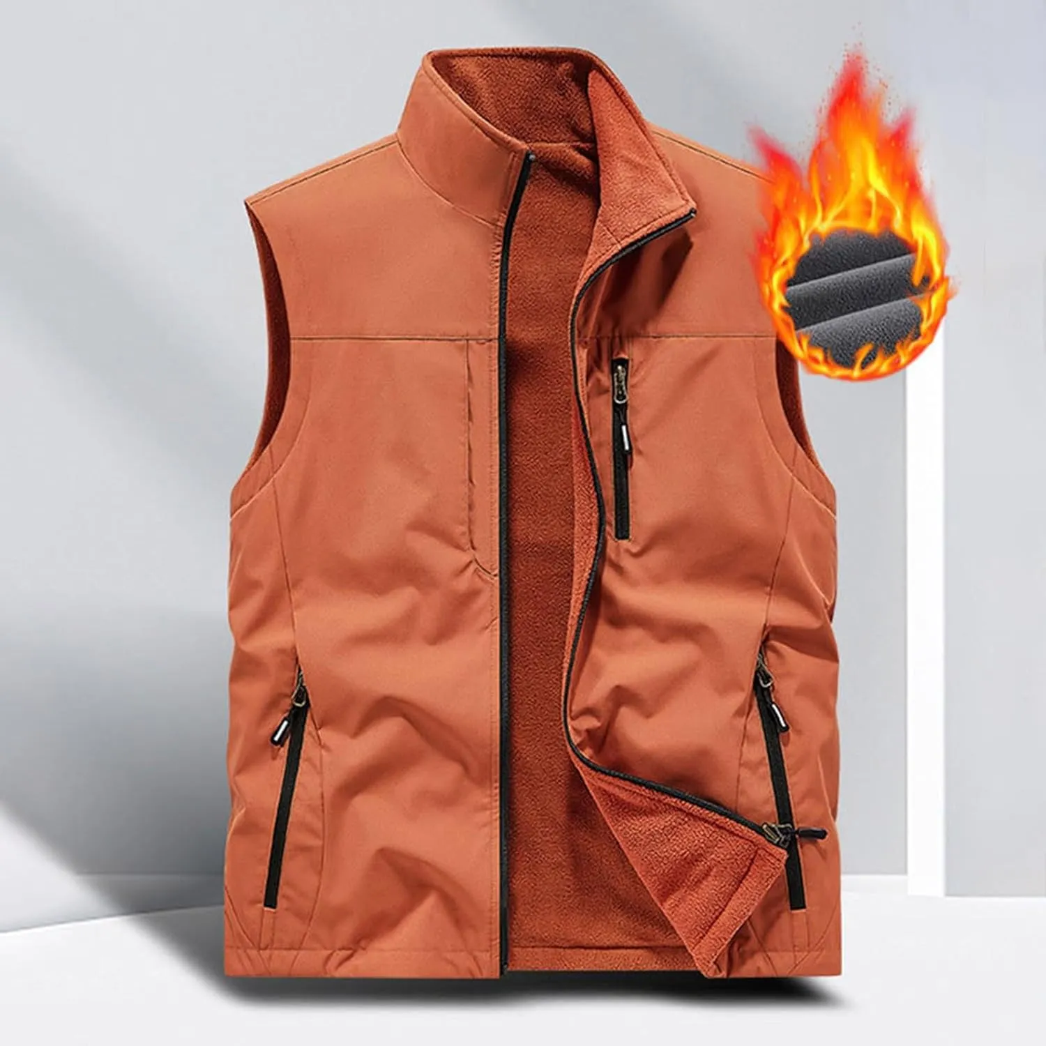 Men's Reversible Casual Vest Stand Collar Flannel Fleece Lined Vest Outdoor Work Windproof Sleeveless Jacket