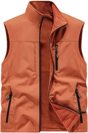 Men's Reversible Casual Vest Stand Collar Flannel Fleece Lined Vest Outdoor Work Windproof Sleeveless Jacket