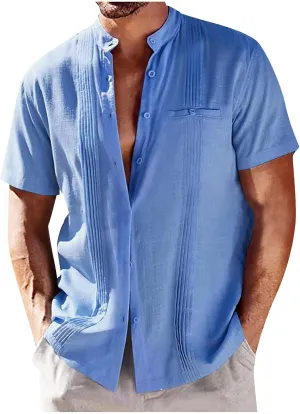 Mens Shirts Linen Shirts for Men Short Sleeve Button Down Shirts Cuban Guayabera Shirt Casual Summer Beach Shirts