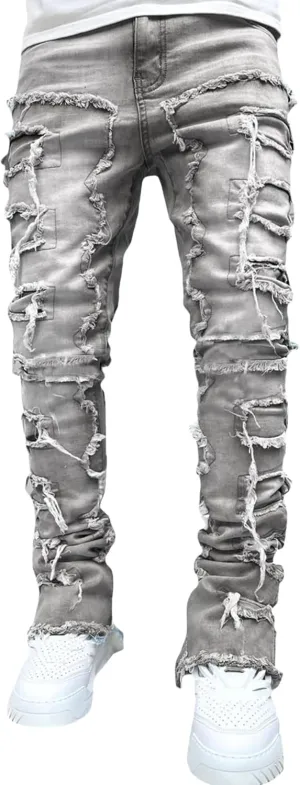 Mens Stacked Jeans Y2k Slim Fit Skinny Ripped Jeans Distressed Destroyed Denim Pants Emo Hip Hop Jeans