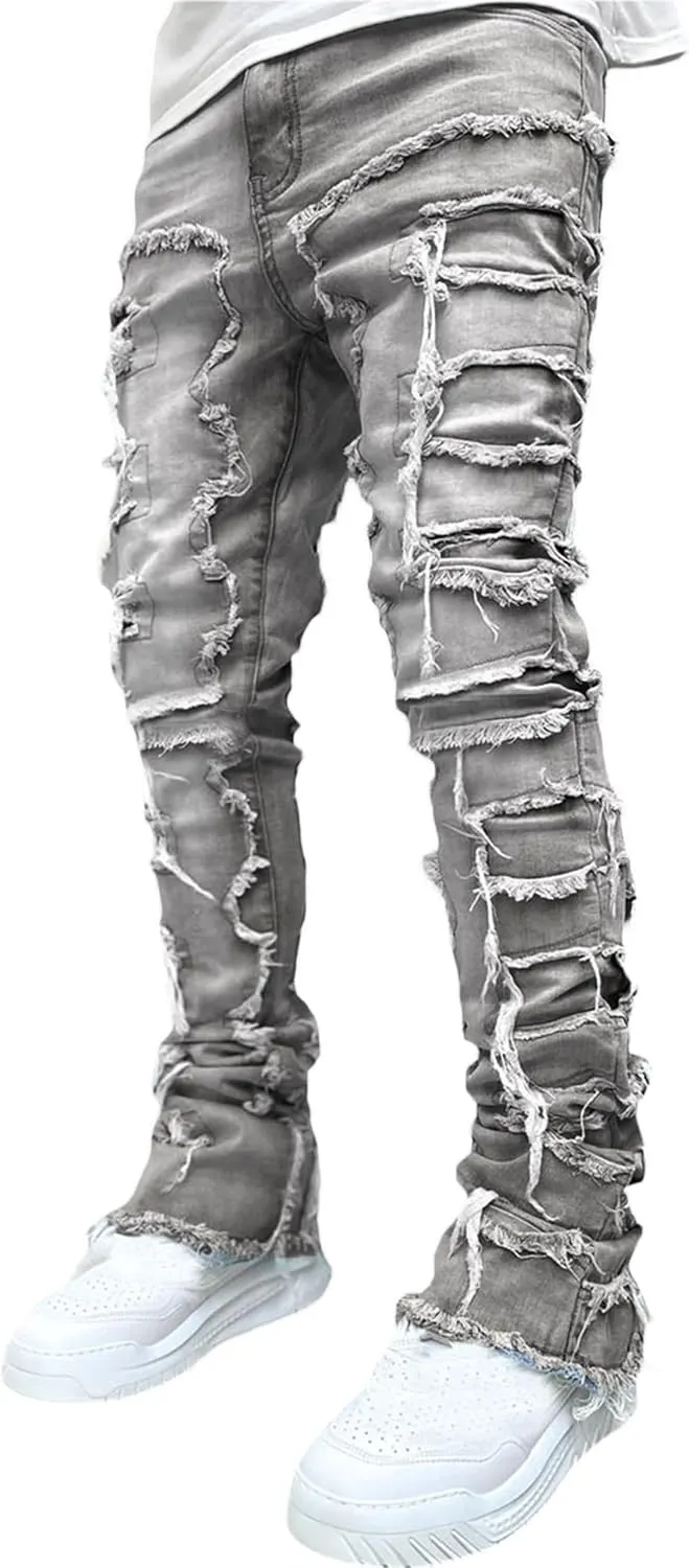 Mens Stacked Jeans Y2k Slim Fit Skinny Ripped Jeans Distressed Destroyed Denim Pants Emo Hip Hop Jeans