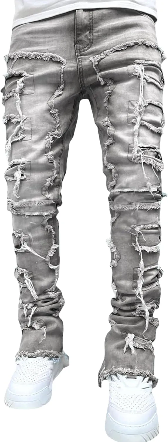 Mens Stacked Jeans Y2k Slim Fit Skinny Ripped Jeans Distressed Destroyed Denim Pants Emo Hip Hop Jeans