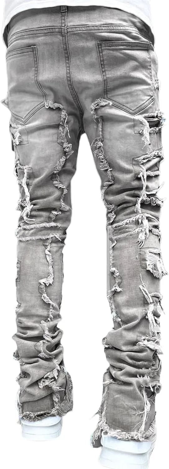 Mens Stacked Jeans Y2k Slim Fit Skinny Ripped Jeans Distressed Destroyed Denim Pants Emo Hip Hop Jeans