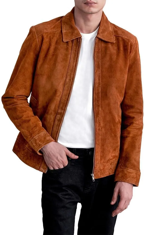 Men's Suede Shirt Zipper Jacket Full Zip Casual Vintage Jackets Suede Leather Jackets for Mens