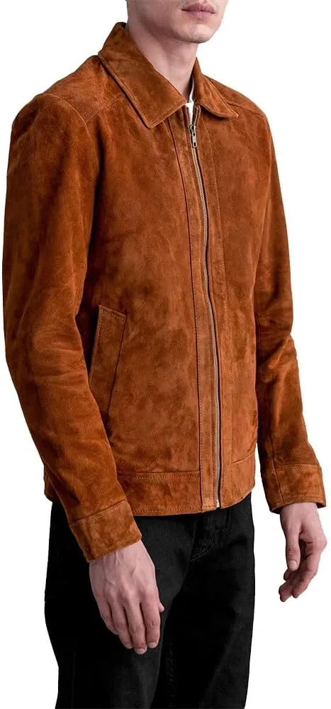 Men's Suede Shirt Zipper Jacket Full Zip Casual Vintage Jackets Suede Leather Jackets for Mens