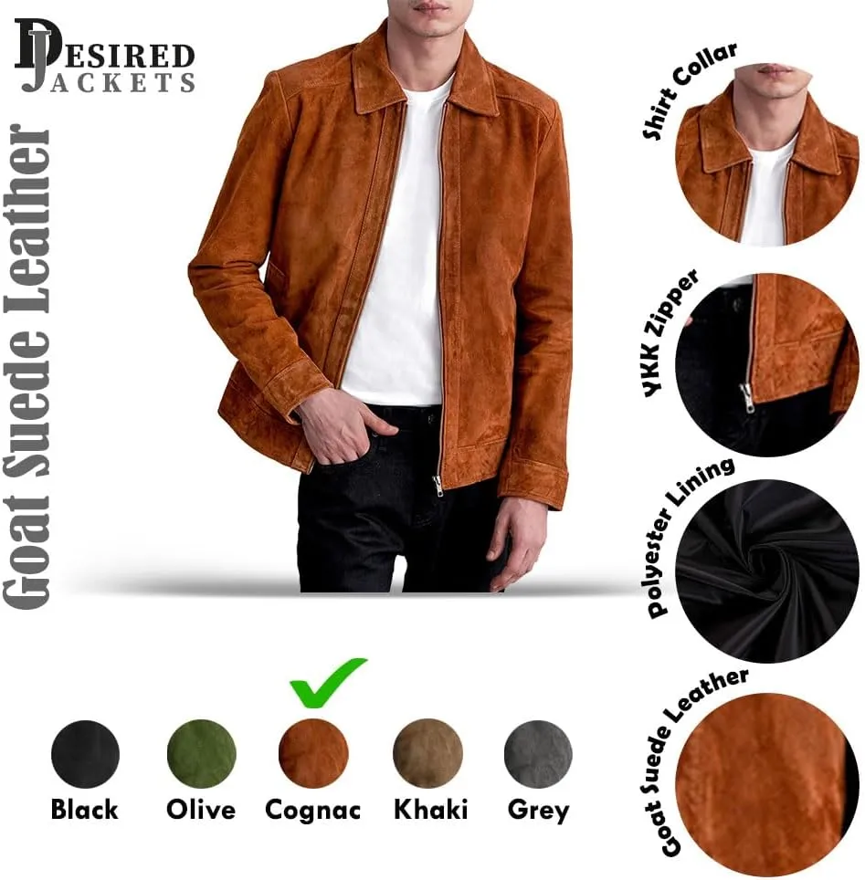 Men's Suede Shirt Zipper Jacket Full Zip Casual Vintage Jackets Suede Leather Jackets for Mens