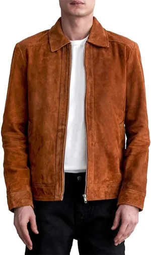 Men's Suede Shirt Zipper Jacket Full Zip Casual Vintage Jackets Suede Leather Jackets for Mens