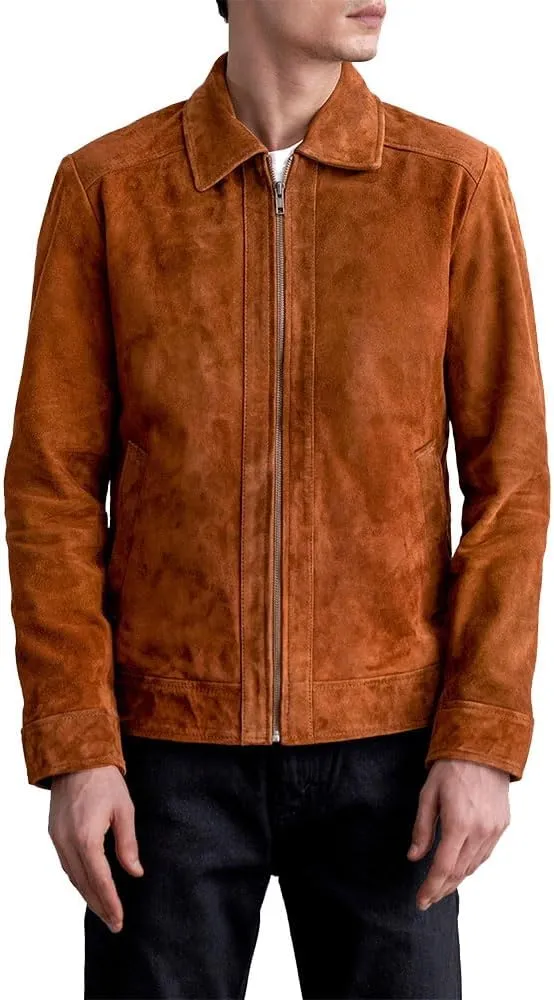Men's Suede Shirt Zipper Jacket Full Zip Casual Vintage Jackets Suede Leather Jackets for Mens