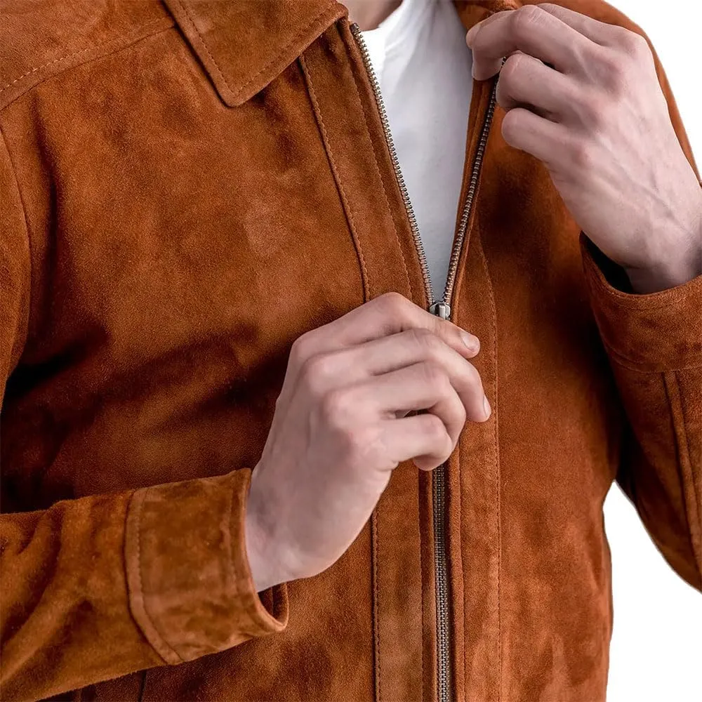 Men's Suede Shirt Zipper Jacket Full Zip Casual Vintage Jackets Suede Leather Jackets for Mens