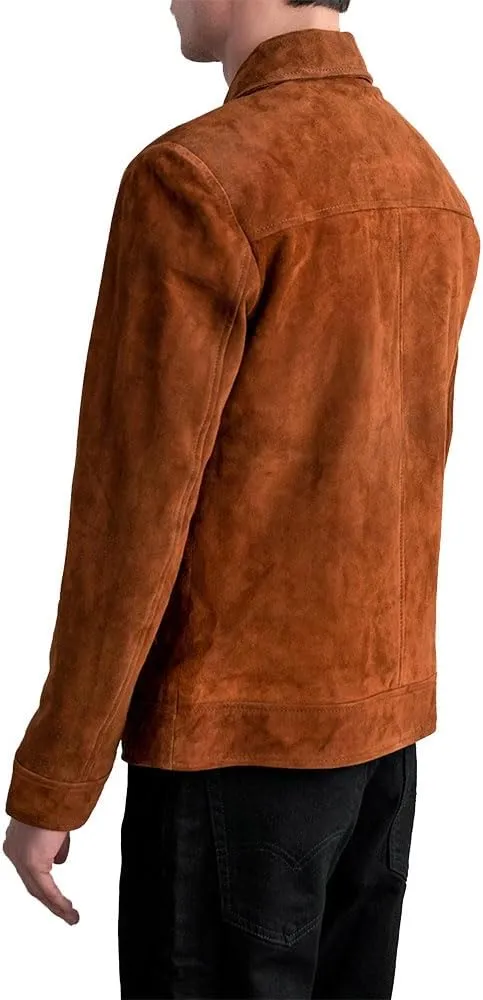 Men's Suede Shirt Zipper Jacket Full Zip Casual Vintage Jackets Suede Leather Jackets for Mens