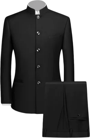 Men's Suits Stand Mandarin Collar Suit 2 Piece Men Suits Slim Fit Chinese Tunic Suits Solid Jacket Set