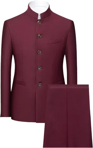 Men's Suits Stand Mandarin Collar Suit 2 Piece Men Suits Slim Fit Chinese Tunic Suits Solid Jacket Set