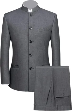 Men's Suits Stand Mandarin Collar Suit 2 Piece Men Suits Slim Fit Chinese Tunic Suits Solid Jacket Set