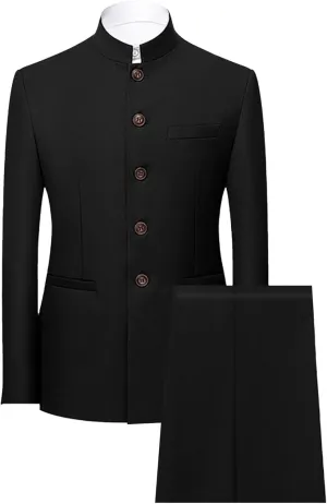 Men's Suits Stand Mandarin Collar Suit 2 Piece Men Suits Slim Fit Chinese Tunic Suits Solid Jacket Set