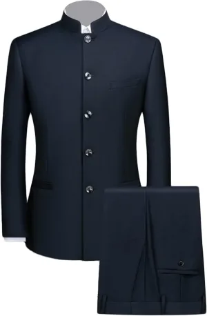 Men's Suits Stand Mandarin Collar Suit 2 Piece Men Suits Slim Fit Chinese Tunic Suits Solid Jacket Set