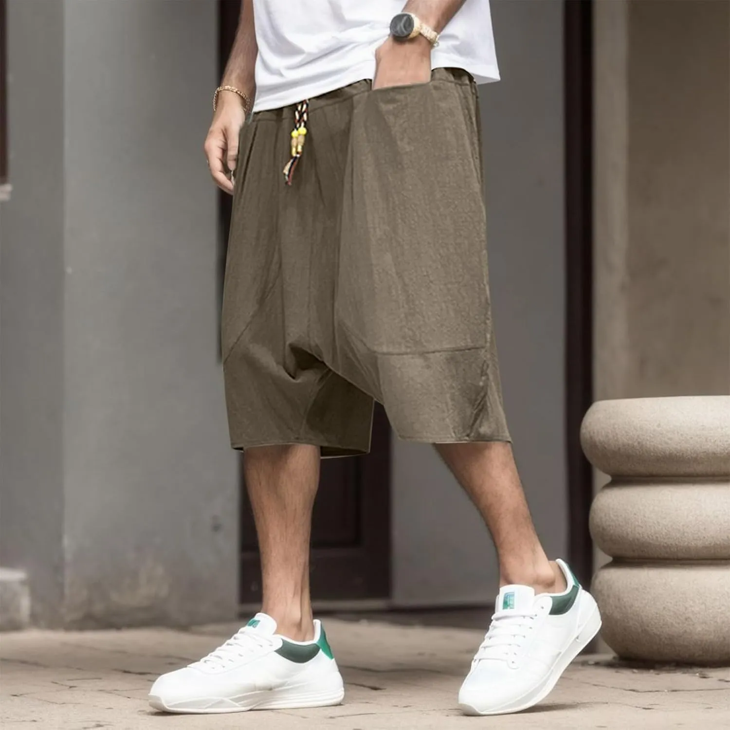 Mens Summer Fashion Casual Cotton Cropped Pants Loose Low Crotch Harem Pants Men's Big & Tall Athletic Shorts