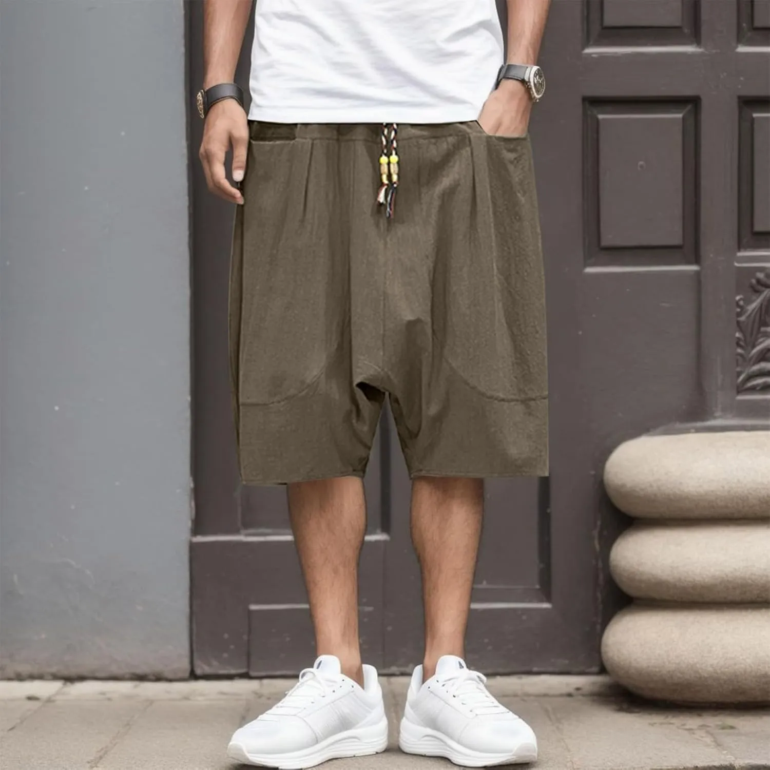 Mens Summer Fashion Casual Cotton Cropped Pants Loose Low Crotch Harem Pants Men's Big & Tall Athletic Shorts