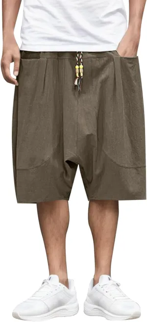 Mens Summer Fashion Casual Cotton Cropped Pants Loose Low Crotch Harem Pants Men's Big & Tall Athletic Shorts
