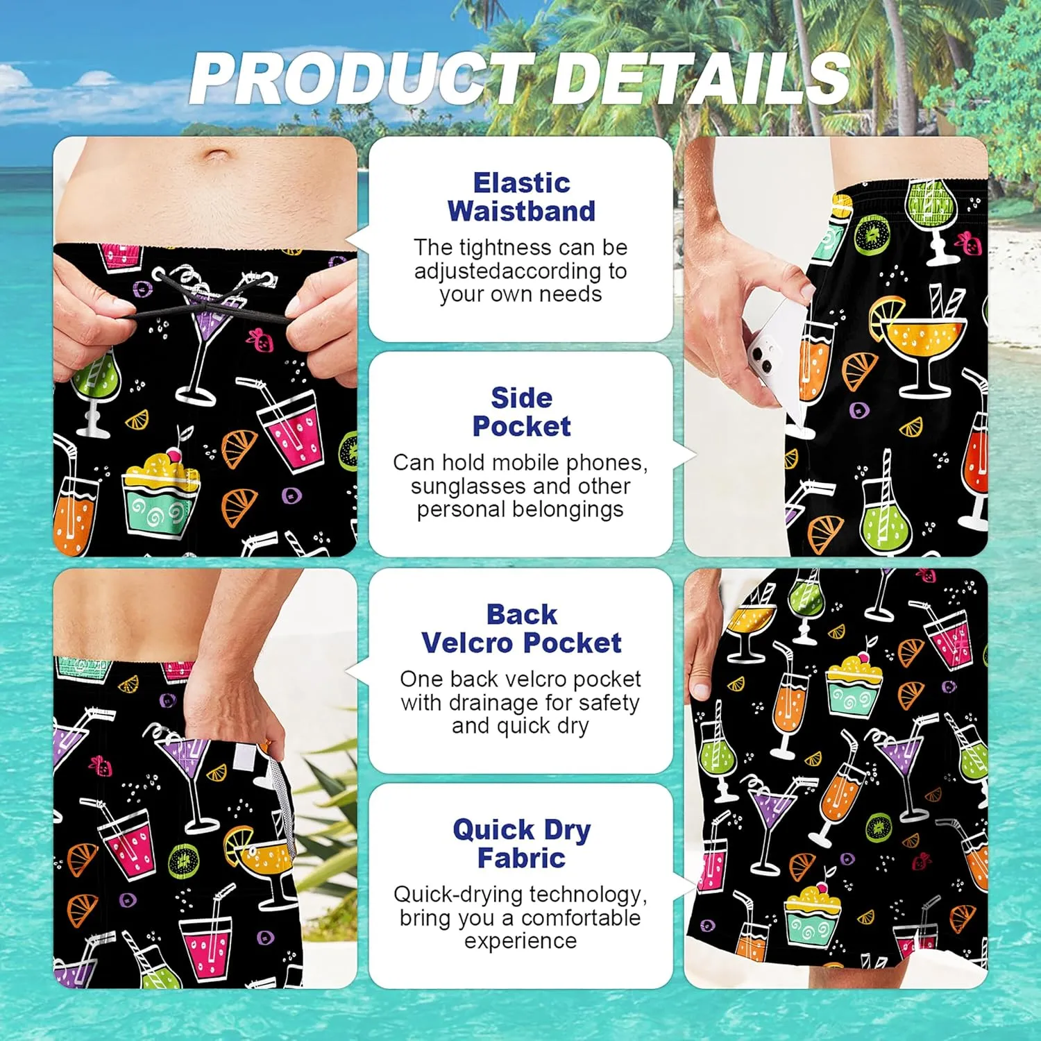 Mens Swim Trunks Quick Dry Board Shorts with Mesh Lining, Breathable Fit Hawaii Beach Shorts Swimwear Bathing Suits