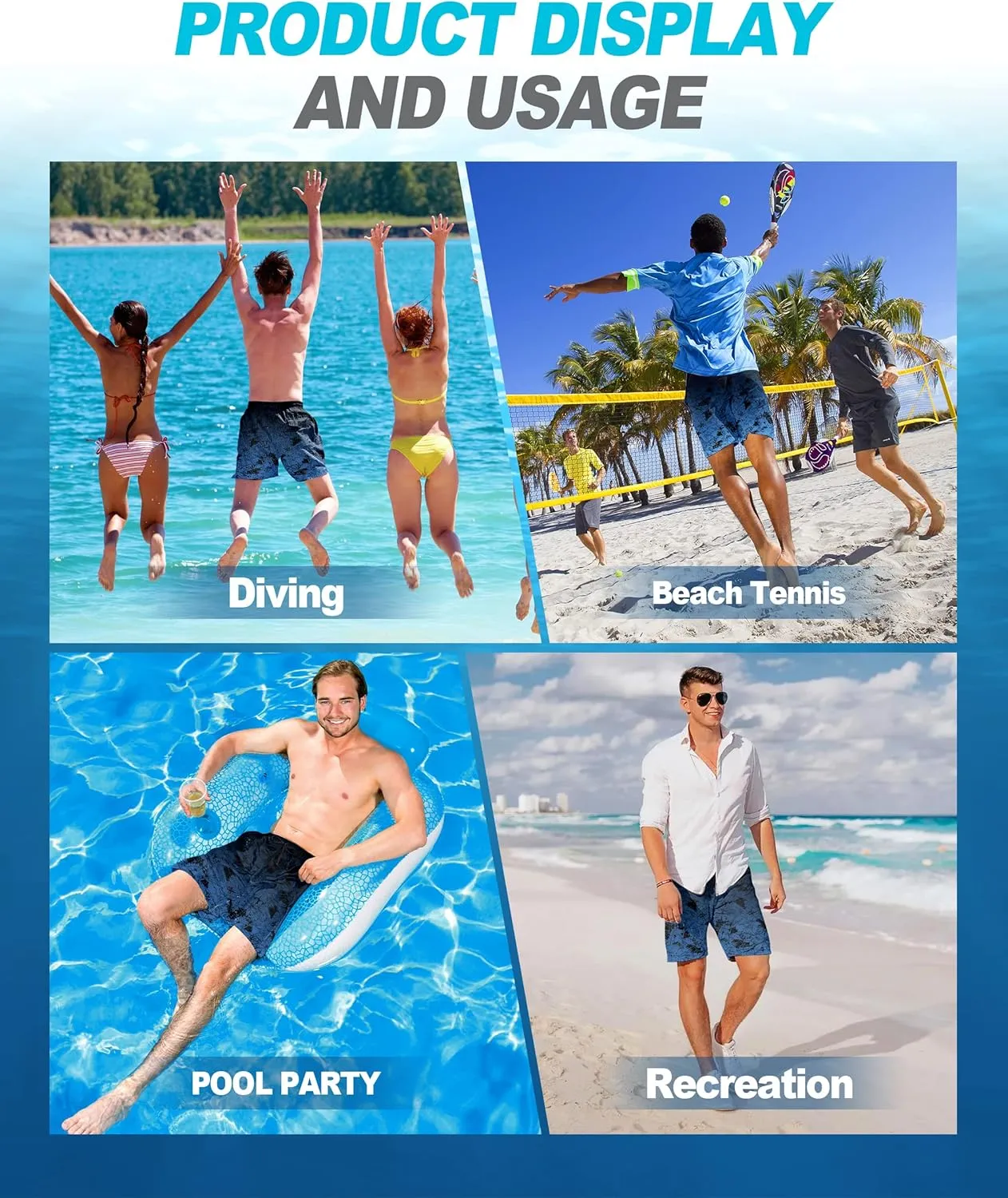 Mens Swim Trunks Quick Dry Board Shorts with Mesh Lining, Breathable Fit Hawaii Beach Shorts Swimwear Bathing Suits