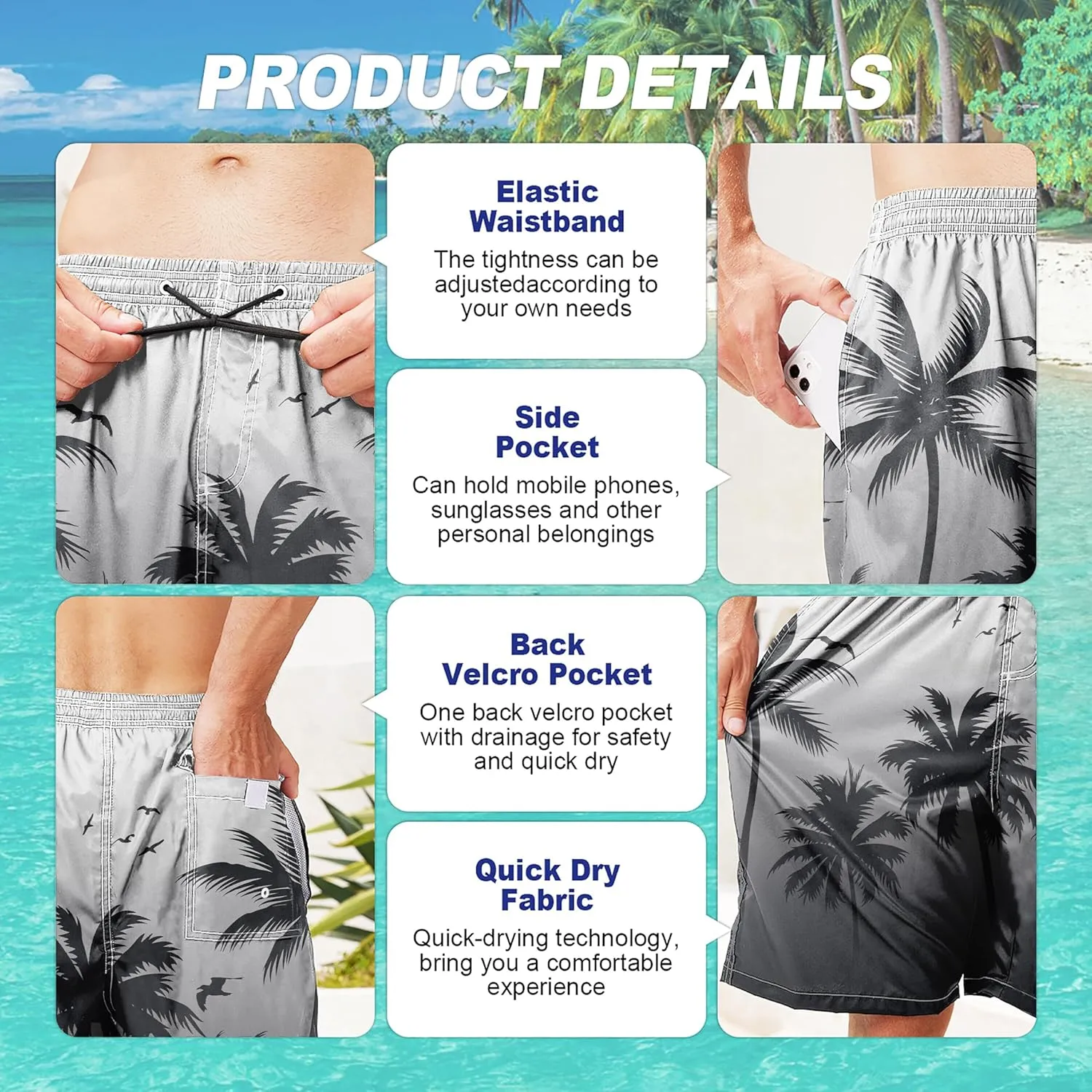 Mens Swim Trunks Quick Dry Board Shorts with Mesh Lining, Breathable Fit Hawaii Beach Shorts Swimwear Bathing Suits