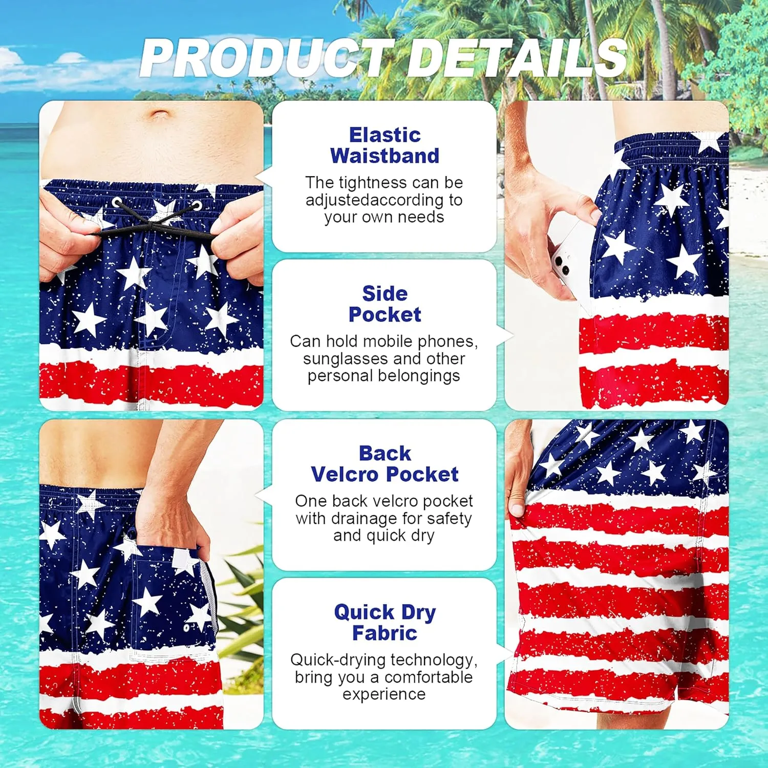 Mens Swim Trunks Quick Dry Board Shorts with Mesh Lining, Breathable Fit Hawaii Beach Shorts Swimwear Bathing Suits