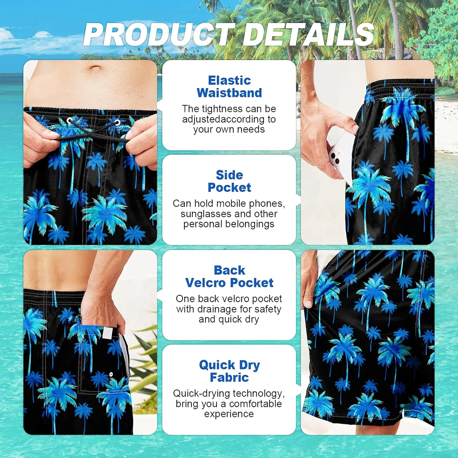 Mens Swim Trunks Quick Dry Board Shorts with Mesh Lining, Breathable Fit Hawaii Beach Shorts Swimwear Bathing Suits