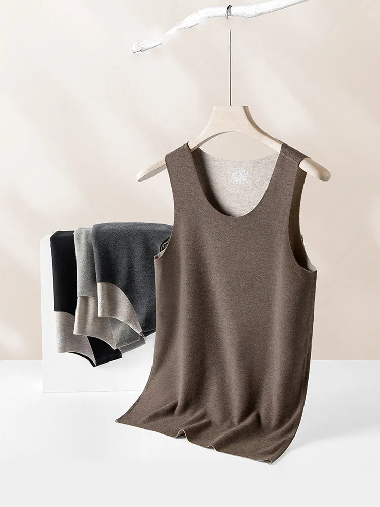 Men's Thermal Silk-Wool Sleeveless Vest - Solid Color Seamless Base Layer