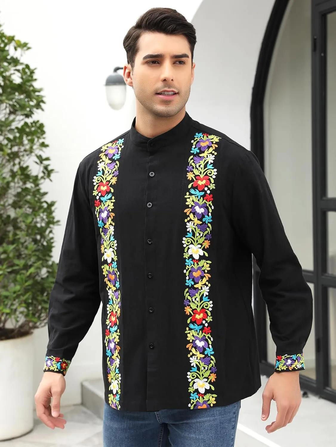 Mexican Shirts for Men Guayabera Embroidered Traditional Fiesta Button Up Mandarin Collared Long Sleeve Shirt