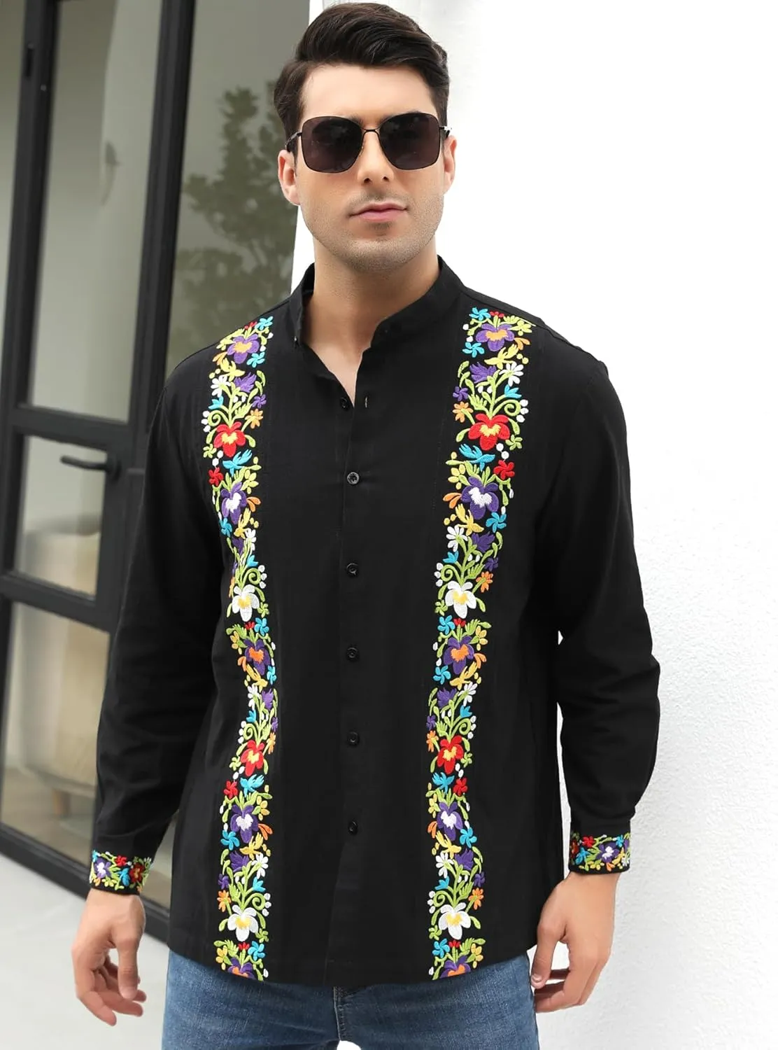 Mexican Shirts for Men Guayabera Embroidered Traditional Fiesta Button Up Mandarin Collared Long Sleeve Shirt