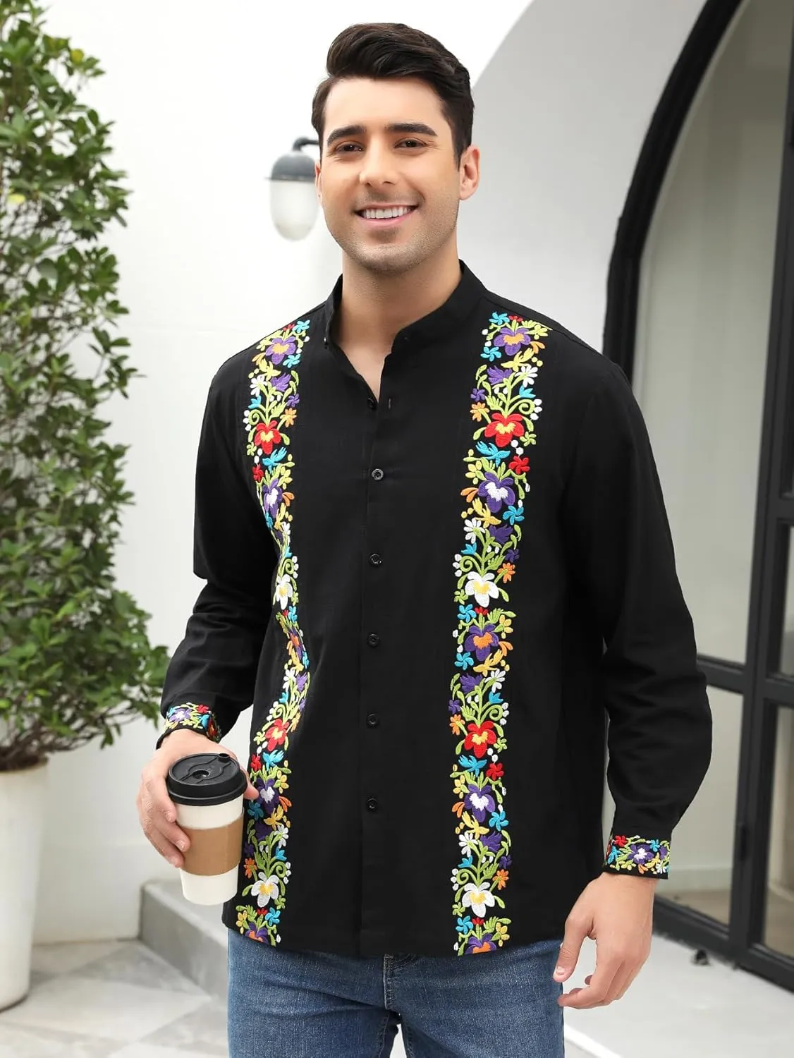 Mexican Shirts for Men Guayabera Embroidered Traditional Fiesta Button Up Mandarin Collared Long Sleeve Shirt
