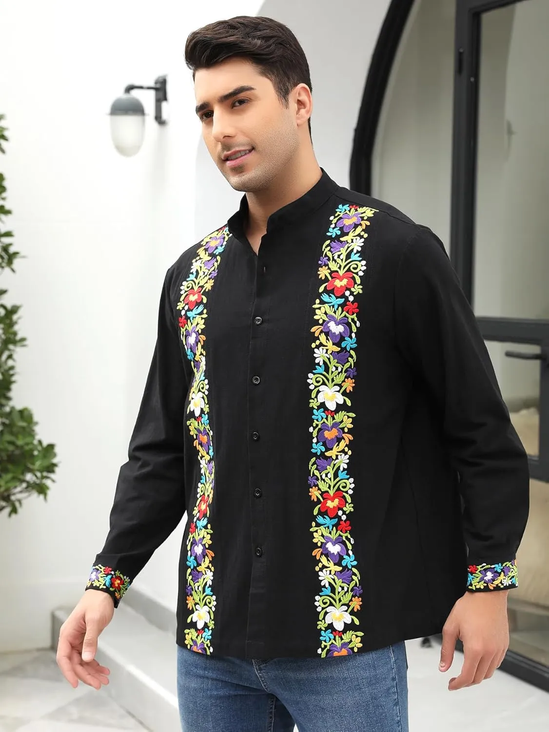 Mexican Shirts for Men Guayabera Embroidered Traditional Fiesta Button Up Mandarin Collared Long Sleeve Shirt