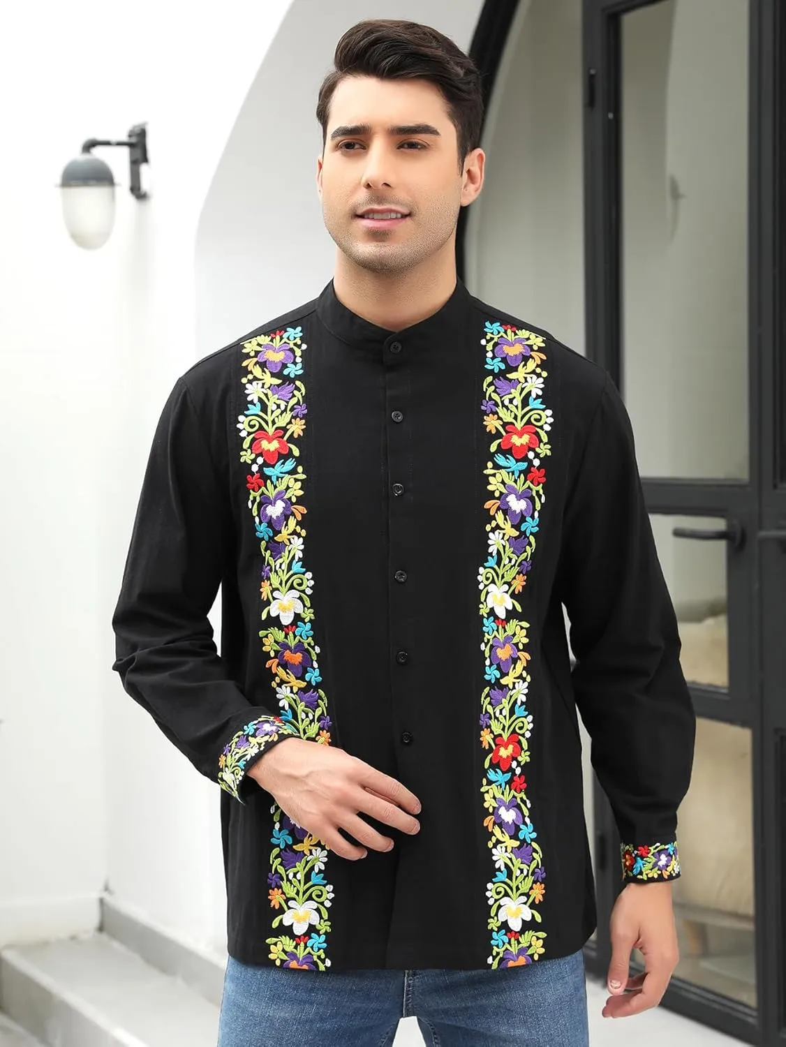 Mexican Shirts for Men Guayabera Embroidered Traditional Fiesta Button Up Mandarin Collared Long Sleeve Shirt