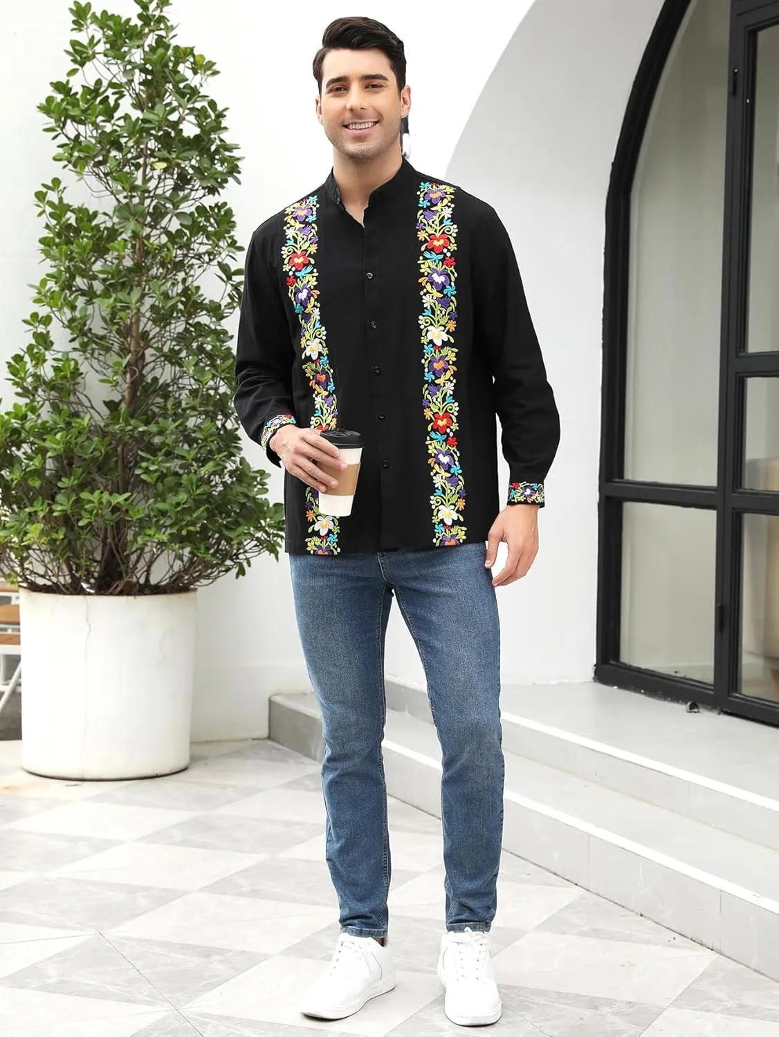 Mexican Shirts for Men Guayabera Embroidered Traditional Fiesta Button Up Mandarin Collared Long Sleeve Shirt