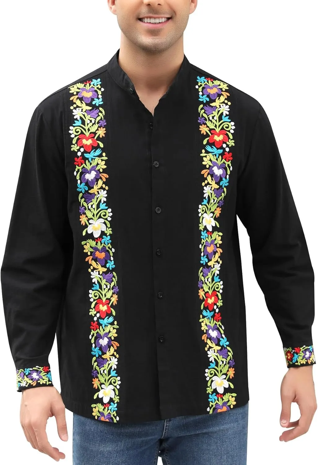 Mexican Shirts for Men Guayabera Embroidered Traditional Fiesta Button Up Mandarin Collared Long Sleeve Shirt