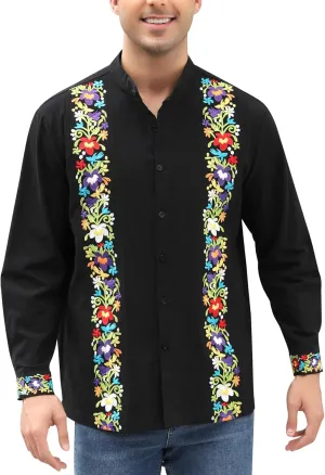 Mexican Shirts for Men Guayabera Embroidered Traditional Fiesta Button Up Mandarin Collared Long Sleeve Shirt