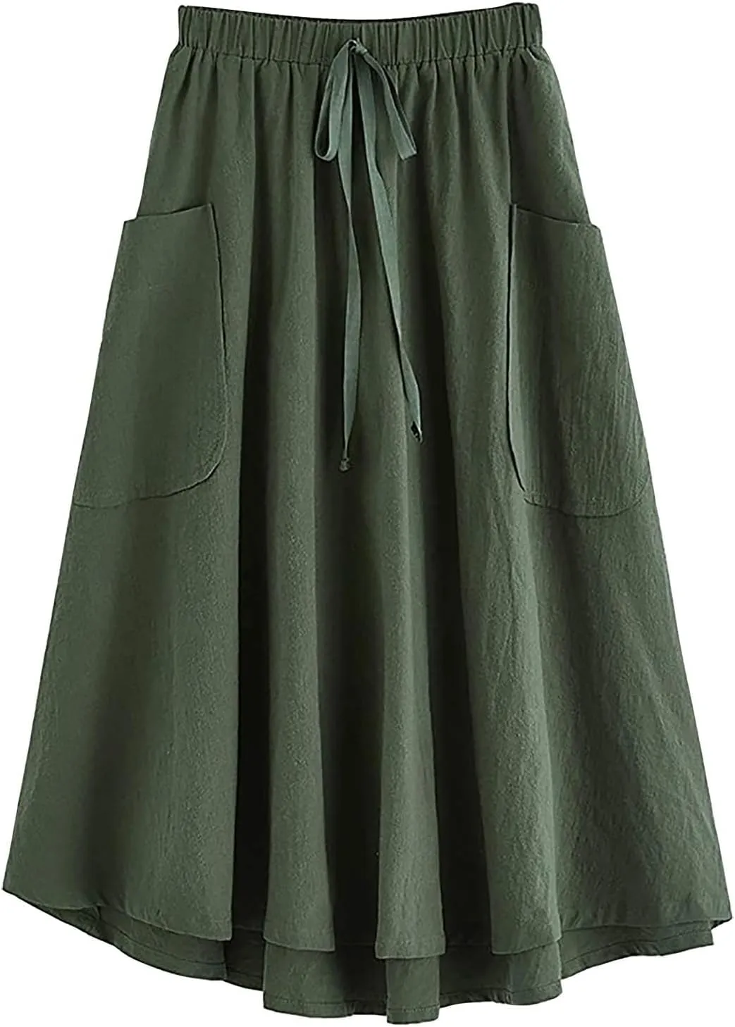 Midi Skirts for Women Summer Drawstring Elastic Waisted Flowy A-Line Swing Pleated Skirt with Pockets