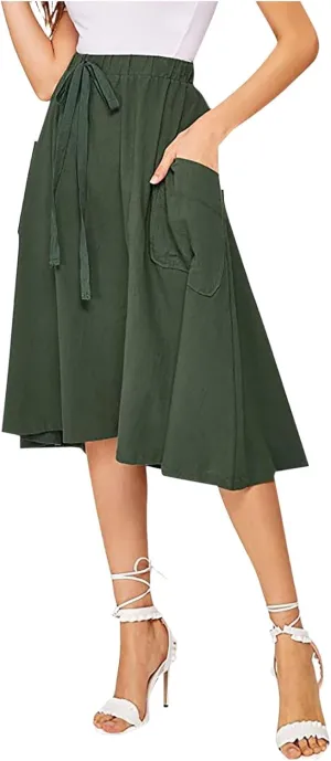 Midi Skirts for Women Summer Drawstring Elastic Waisted Flowy A-Line Swing Pleated Skirt with Pockets