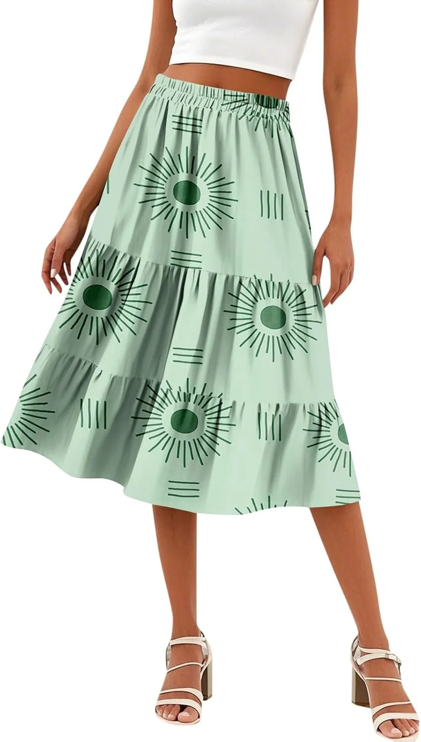 Midi Skirts for Women Summer Elastic High Waisted Floral Skirt Trendy Ruffle Tiered Cute Boho Skirt with Pockets