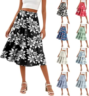 Midi Skirts for Women Summer Elastic High Waisted Floral Skirt Trendy Ruffle Tiered Cute Boho Skirt with Pockets