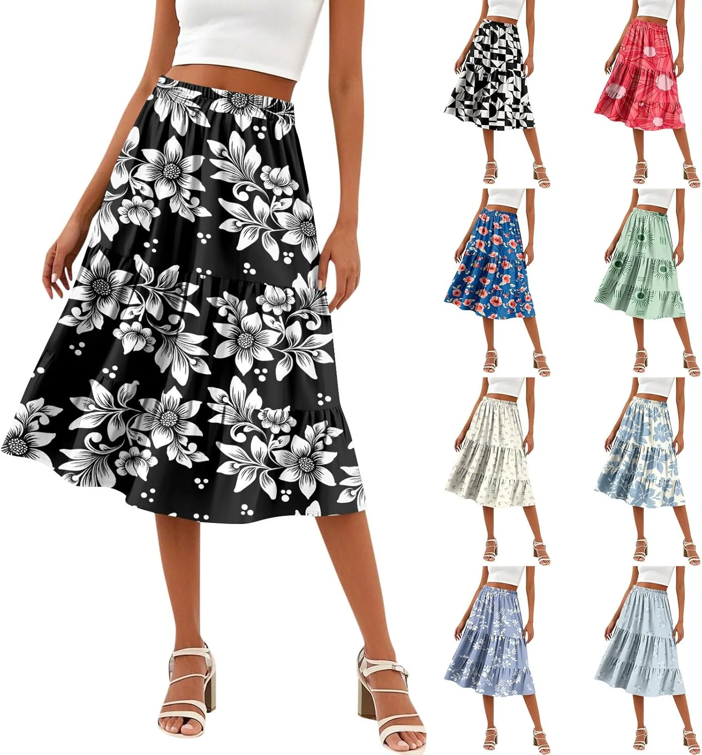 Midi Skirts for Women Summer Elastic High Waisted Floral Skirt Trendy Ruffle Tiered Cute Boho Skirt with Pockets