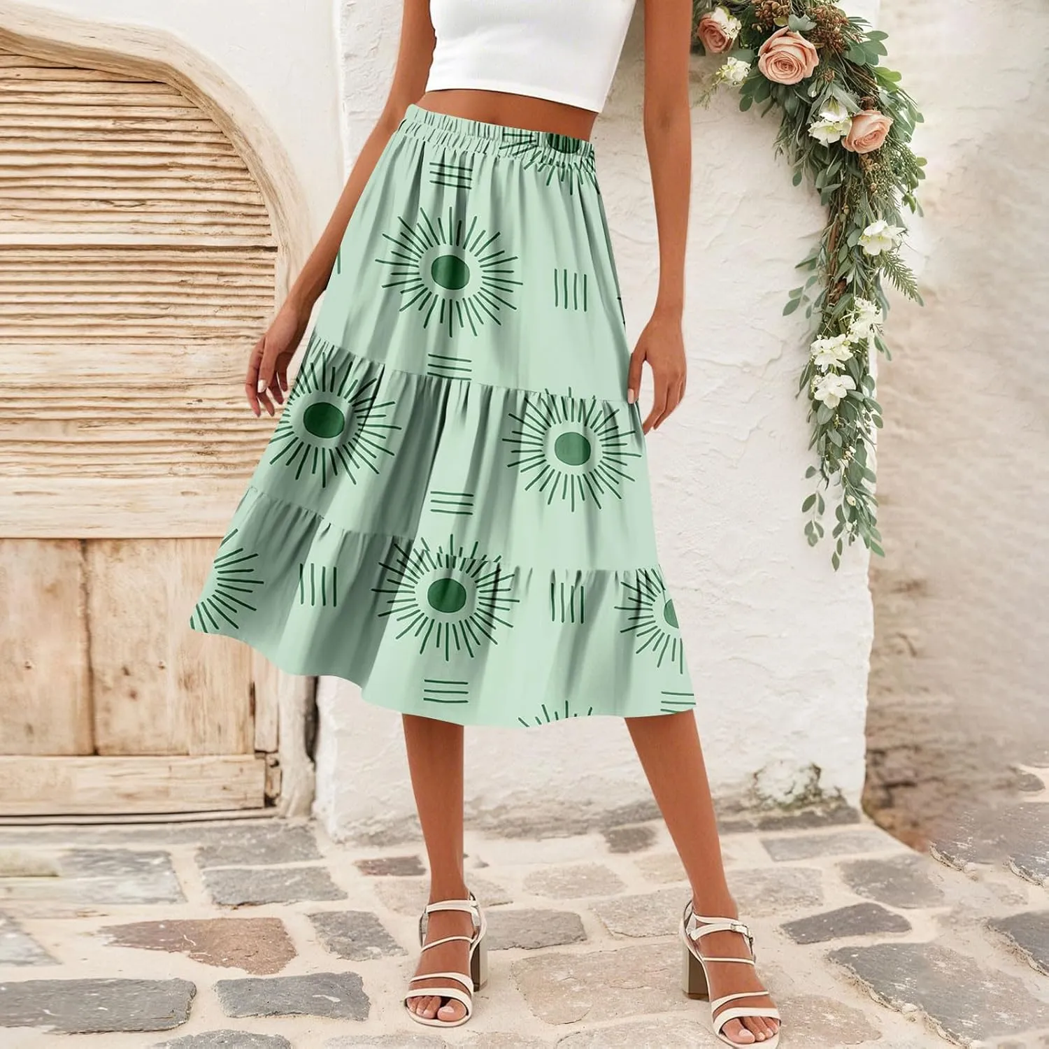 Midi Skirts for Women Summer Elastic High Waisted Floral Skirt Trendy Ruffle Tiered Cute Boho Skirt with Pockets