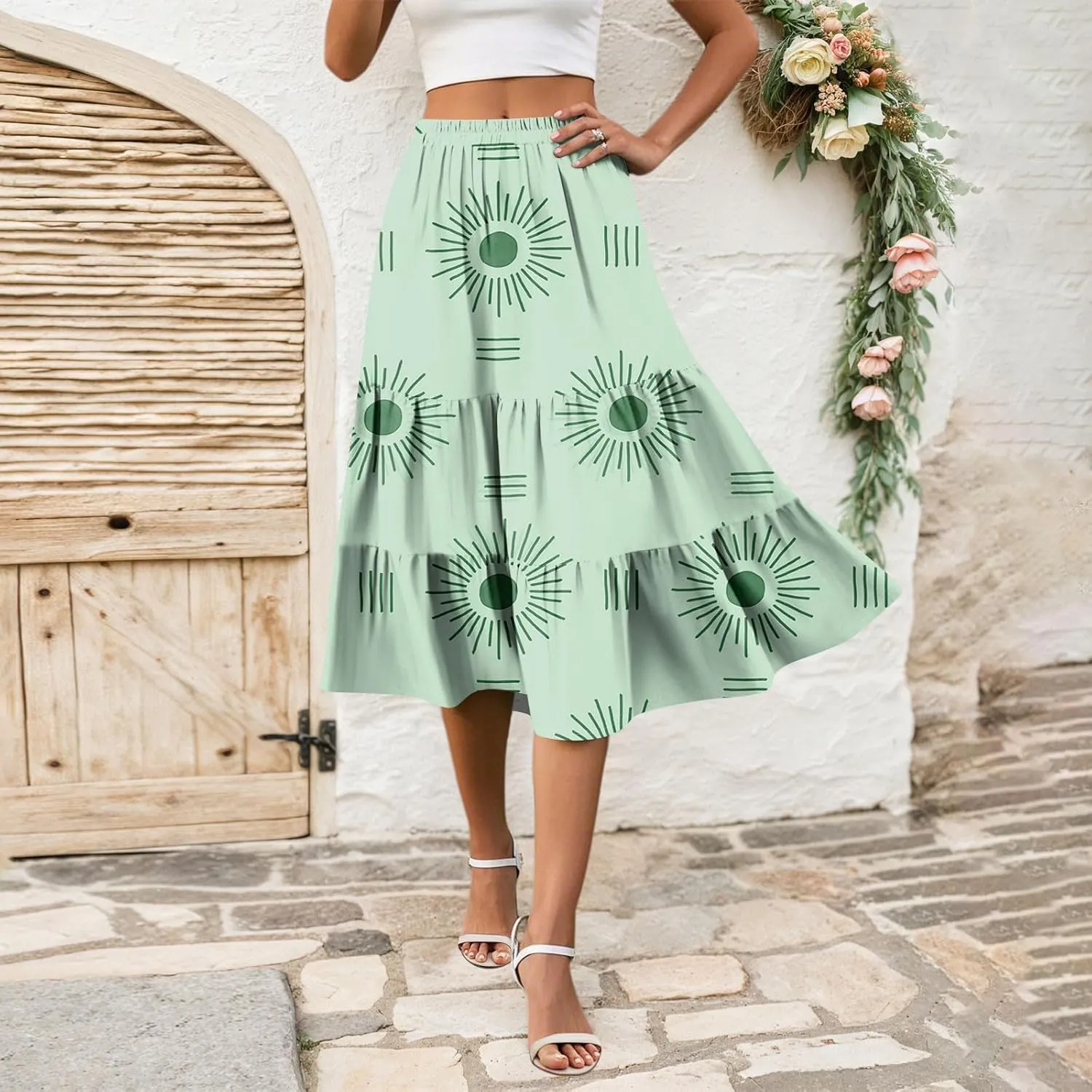 Midi Skirts for Women Summer Elastic High Waisted Floral Skirt Trendy Ruffle Tiered Cute Boho Skirt with Pockets