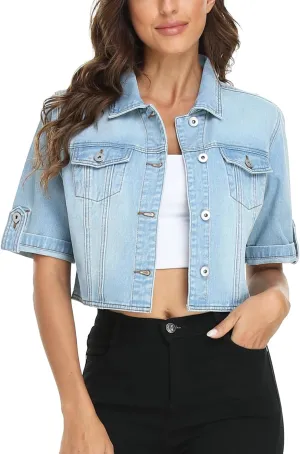 MISS MOLY Women's Cropped Denim Jackets Summer Short Sleeve Classic Casual Jean Jackets