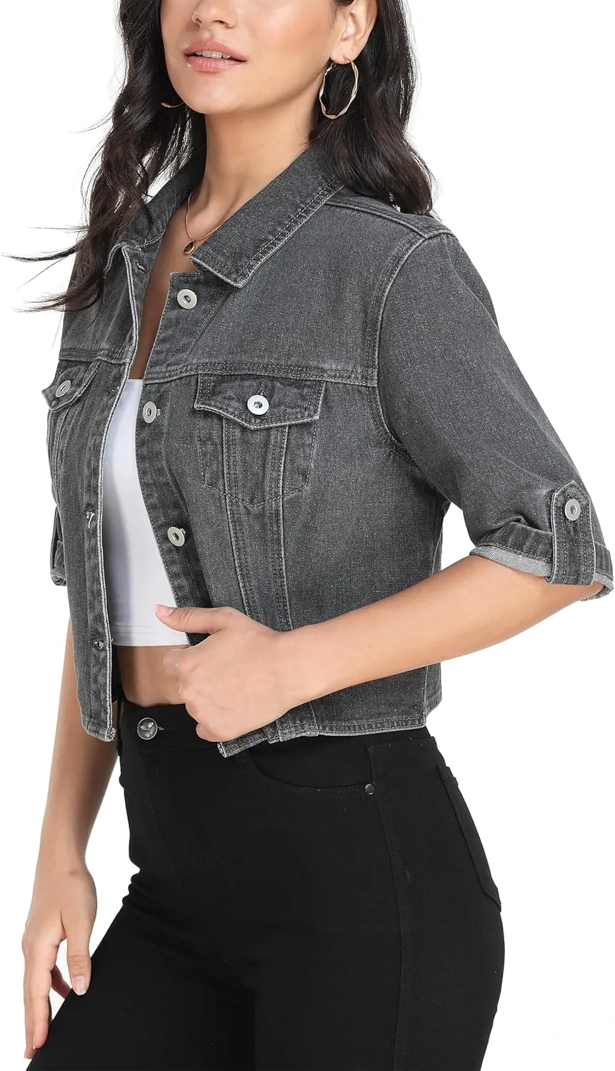 MISS MOLY Women's Cropped Denim Jackets Summer Short Sleeve Classic Casual Jean Jackets
