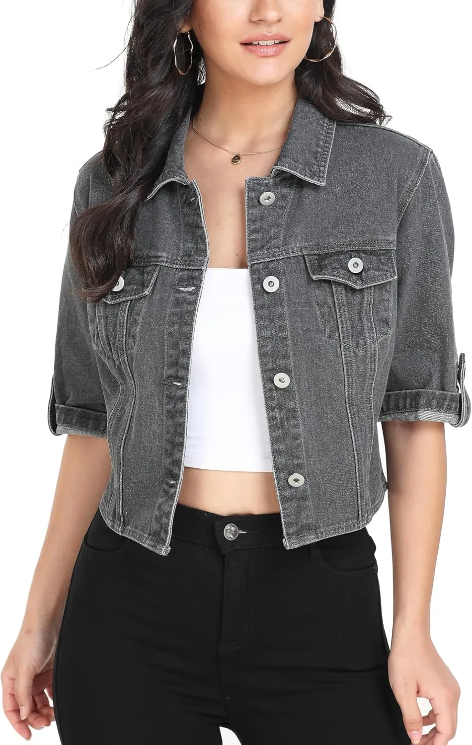 MISS MOLY Women's Cropped Denim Jackets Summer Short Sleeve Classic Casual Jean Jackets