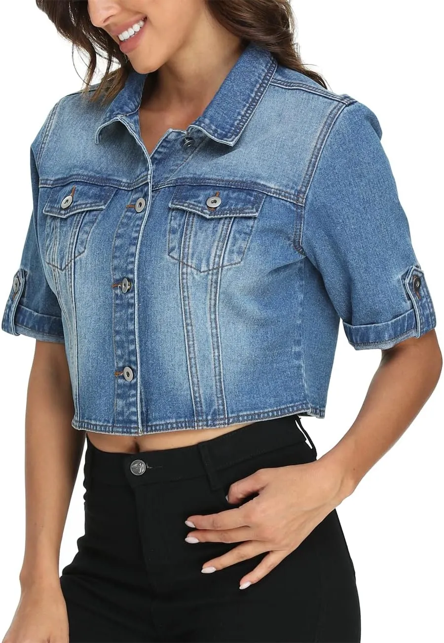 MISS MOLY Women's Cropped Denim Jackets Summer Short Sleeve Classic Casual Jean Jackets