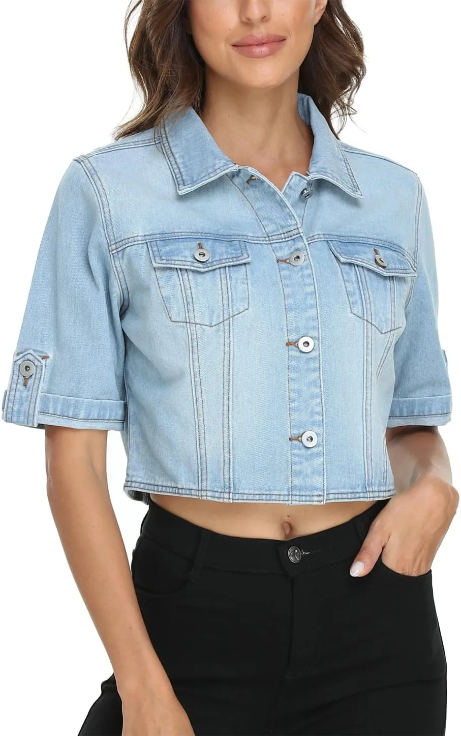 MISS MOLY Women's Cropped Denim Jackets Summer Short Sleeve Classic Casual Jean Jackets