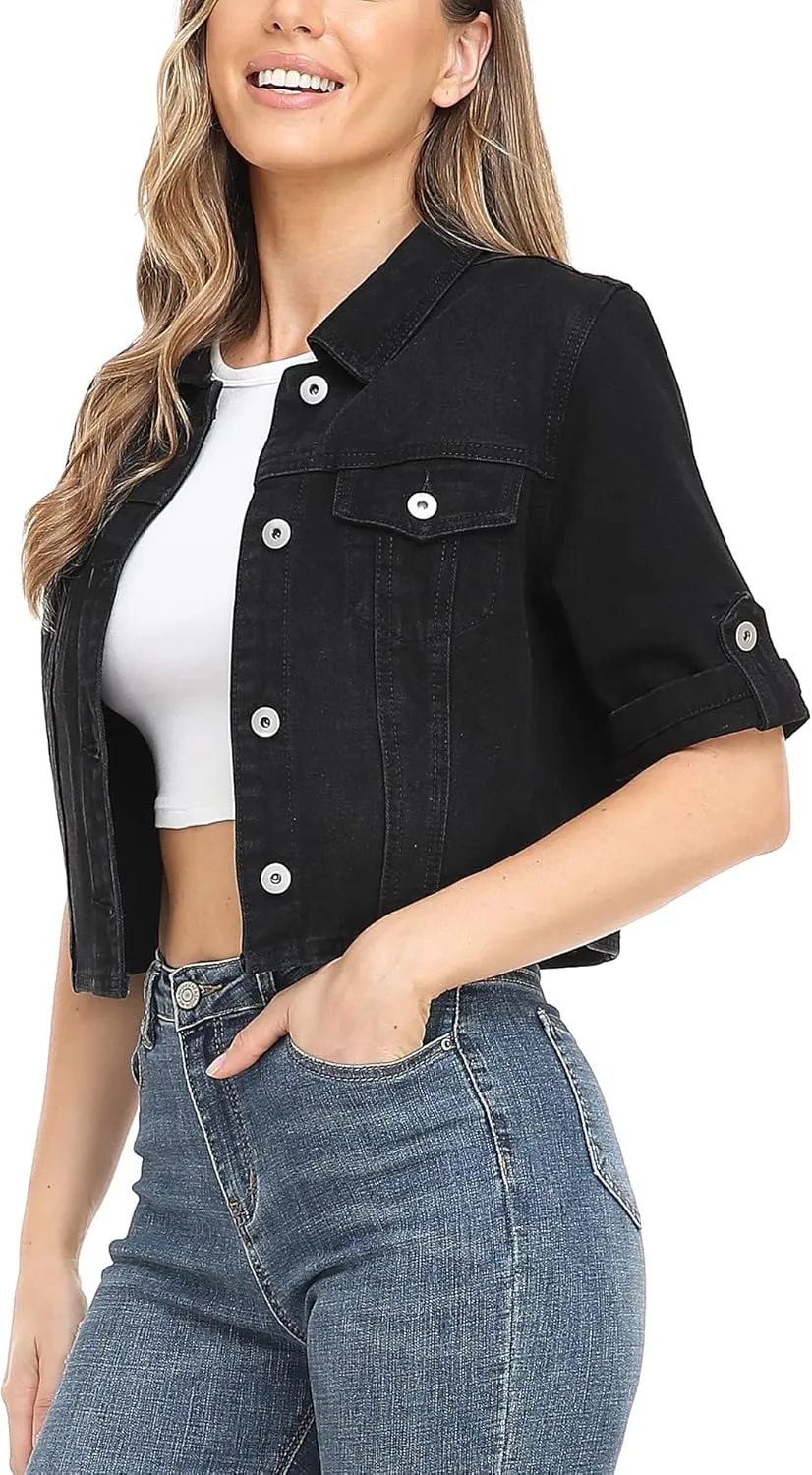 MISS MOLY Women's Cropped Denim Jackets Summer Short Sleeve Classic Casual Jean Jackets