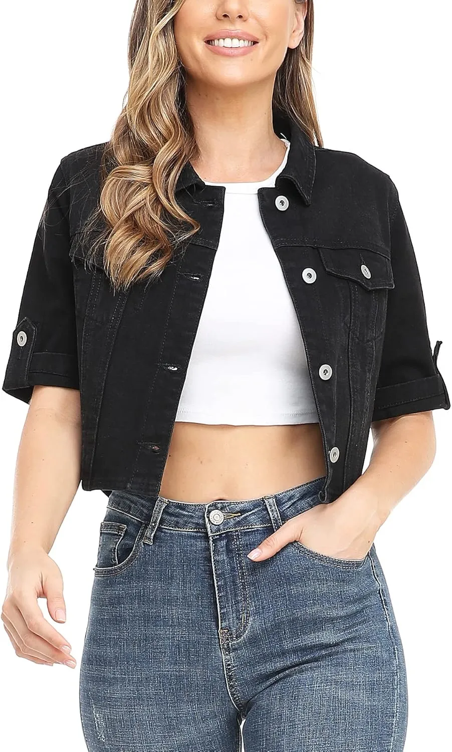 MISS MOLY Women's Cropped Denim Jackets Summer Short Sleeve Classic Casual Jean Jackets